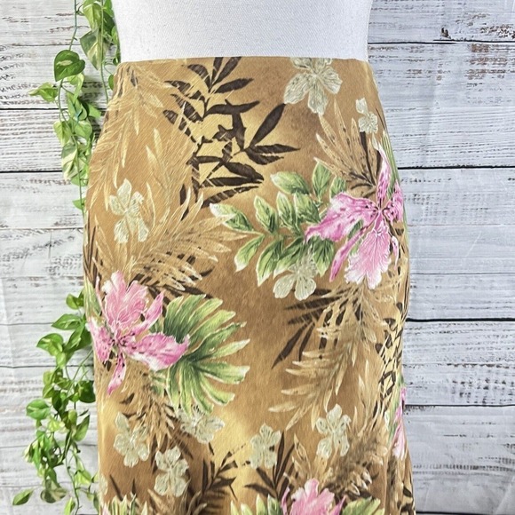 Charter Club Skirt size 16 Brown Green Pink Floral Linen Silk Bias A Line Knee - Picture 4 of 13